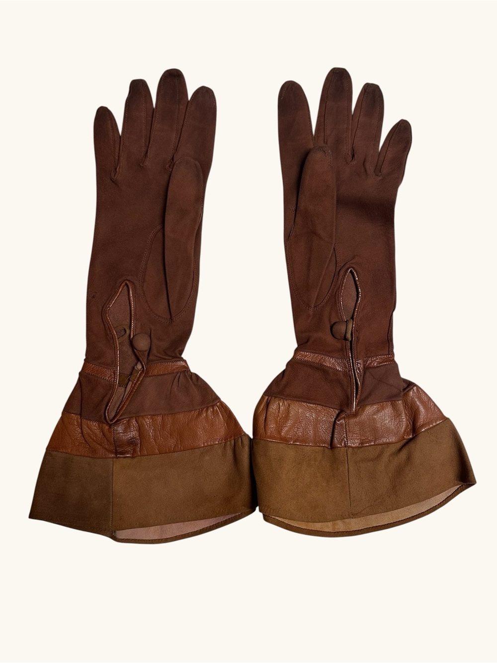 Vintage Long Brown Suede Gloves with Flared Cuffs
